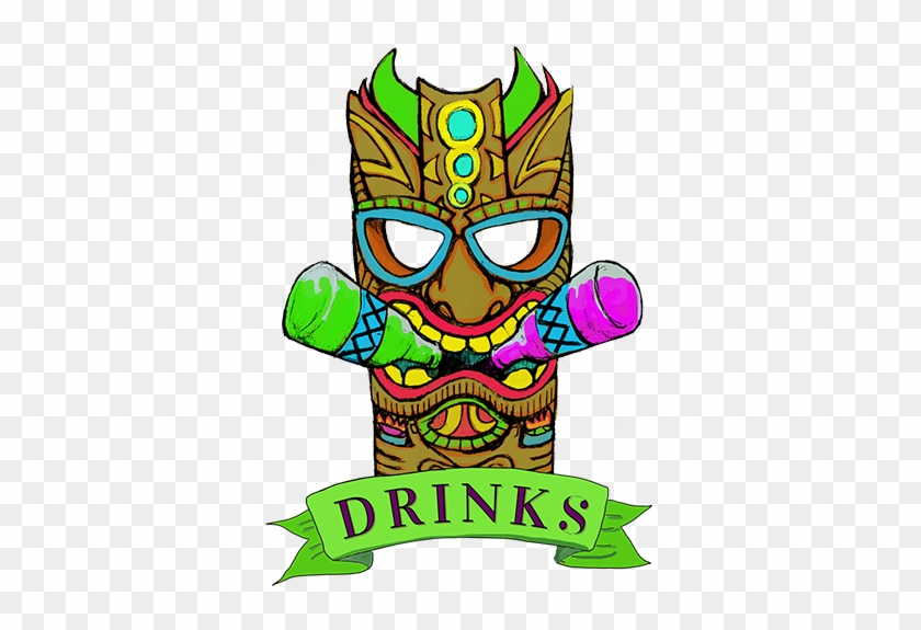 Colorful tiki mask with sunglasses, crossed drink bottles, and a "DRINKS" banner below.