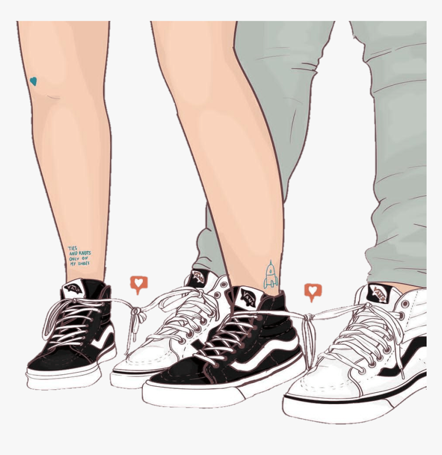 Illustrated legs and Vans sneakers with tied laces, heart icons, and small tattoos on ankles.
