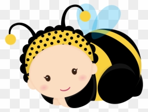 Cute cartoon baby dressed as a bumblebee with yellow-black stripes, polka-dot headband, and antennae.