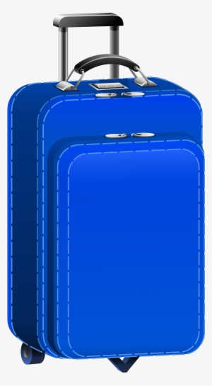 Blue hard-shell rolling suitcase with telescoping handle and front pocket.
