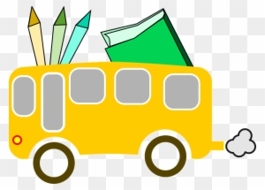 Yellow school bus carrying pencils, pens, and a green book, symbolizing education and learning tools.