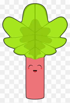 Cute cartoon rhubarb with smiling face and green leafy top on transparent background.