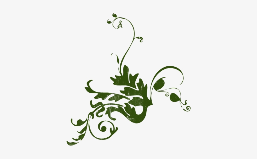 Elegant green floral vine illustration with ornate swirls, leaves, and decorative flourishes on white background.