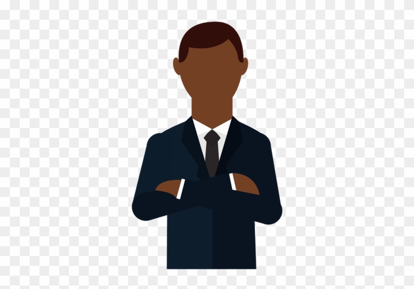 Businessman with arms crossed, wearing dark suit, white shirt, and tie on transparent background.