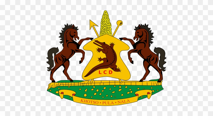 Coat of arms of Lesotho featuring two horses, a crocodile on a shield, a Basotho hat, and the motto "Khotso, Pula, Nala".