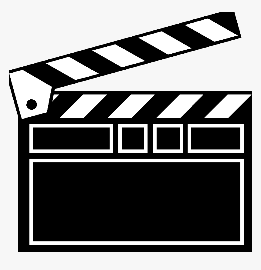 Black and white clapperboard icon with striped hinged top and blank info fields.
