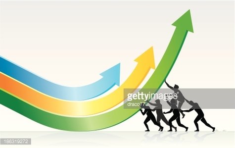 Silhouetted team pushing upward along colorful growth arrows, symbolizing collaborative progress and business success.