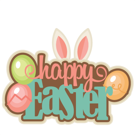 Happy Easter graphic with bunny ears, colorful eggs, and playful typography.