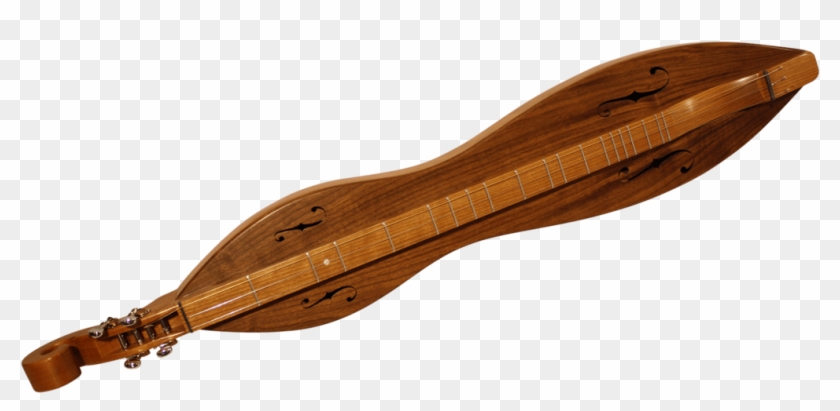 A wooden Appalachian dulcimer with f-holes, fretted fingerboard, and tuning pegs on a transparent background.