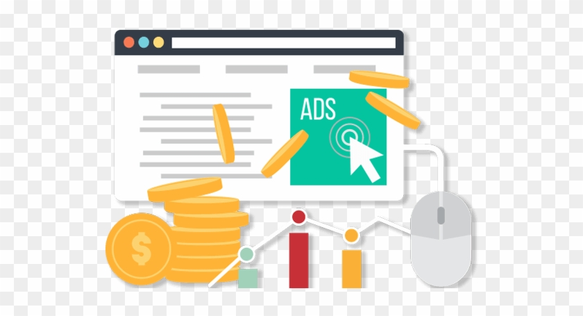 Digital advertising dashboard with coins, charts, mouse, and ad click visualization.