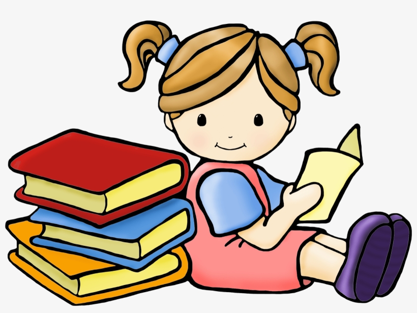A smiling girl with pigtails sits reading a book beside a colorful stack of books.