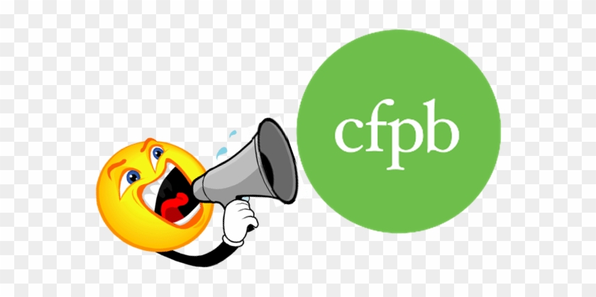 A smiling emoji shouting into a megaphone next to a green circle with "cfpb" text.