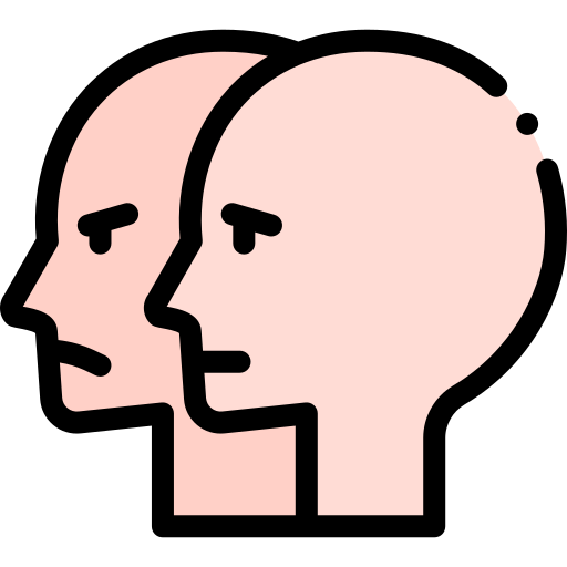 Two overlapping human head silhouettes in profile, one slightly behind the other, symbolizing communication or perspective.