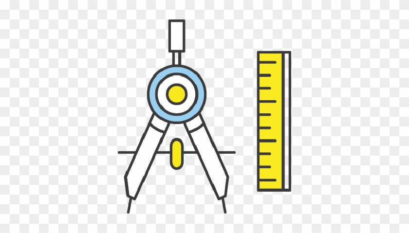A flat-style illustration of a drawing compass and a yellow ruler on a transparent background.