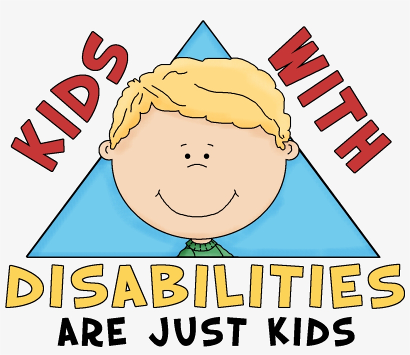 Cartoon boy with blond hair and blue triangle background, text reads "Kids with Disabilities Are Just Kids"