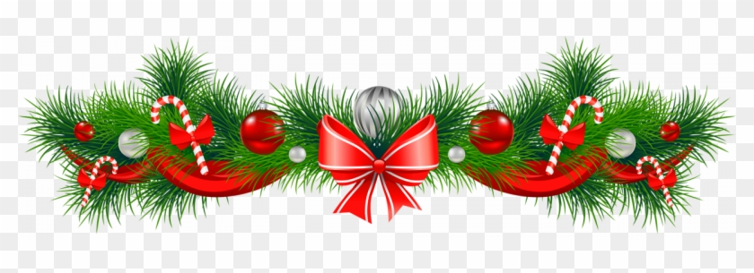 Festive Christmas garland with pine branches, red ribbon, candy canes, ornaments, and a central red bow on transparent background.