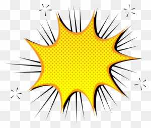 Yellow comic-style explosion burst with black spikes and halftone dots on transparent background.
