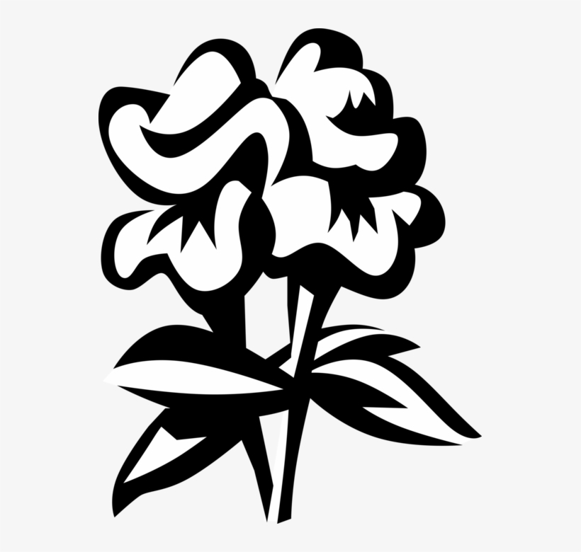 Black-and-white stylized rose illustration with bold outlines and abstract petals.