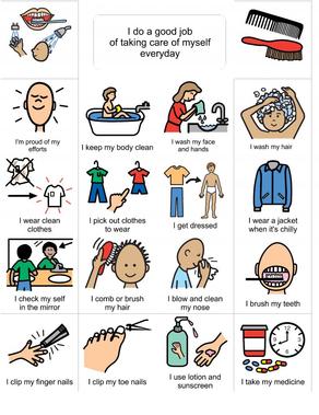 Visual checklist of daily self-care routines including hygiene, grooming, dressing, and health tasks illustrated with simple icons.