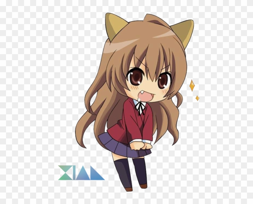 Chibi anime girl with brown hair, cat ears, red school uniform, and playful expression on transparent background.