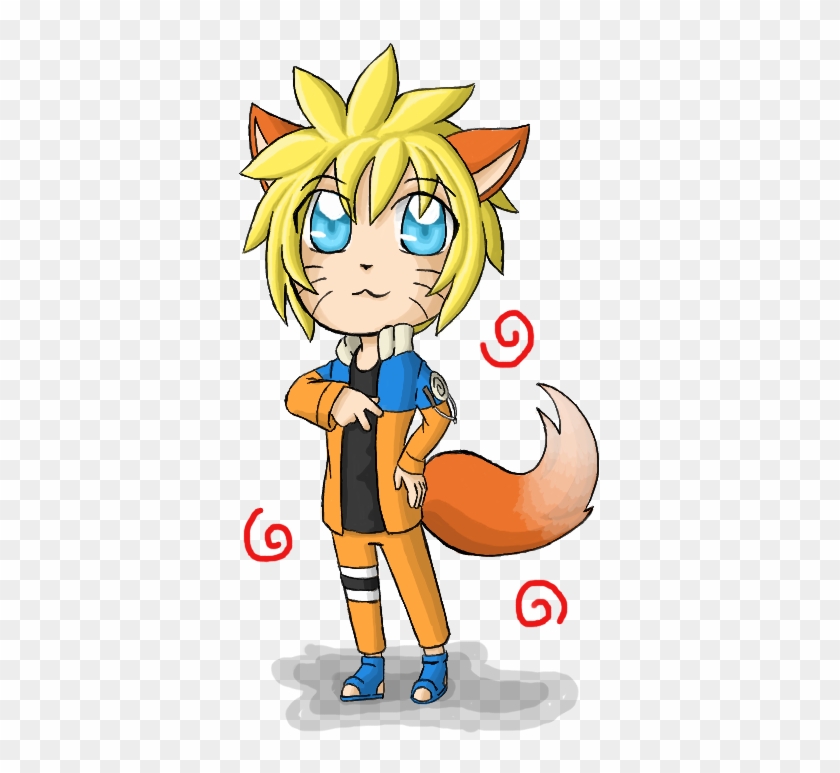 Chibi-style Naruto with fox ears and tail, wearing orange jumpsuit and blue sandals, standing confidently with swirl accents.