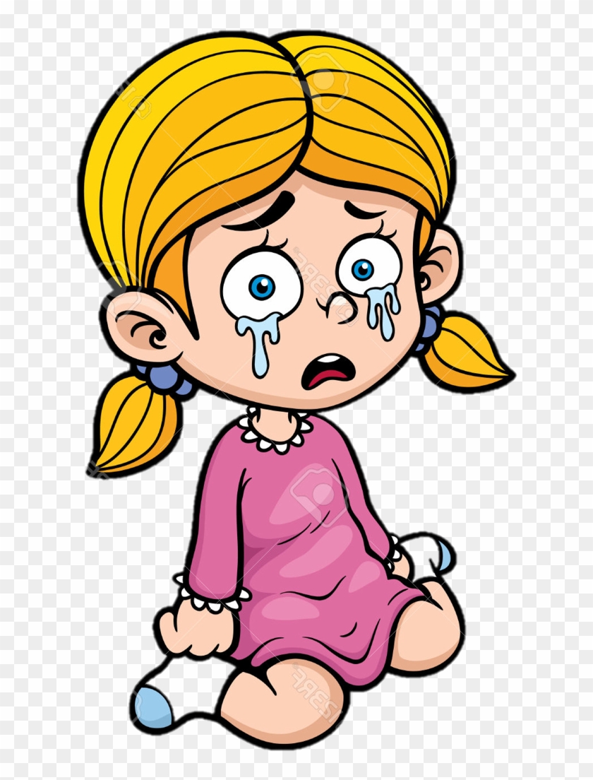 Crying cartoon girl with blonde pigtails, blue eyes, and pink dress sitting on floor.
