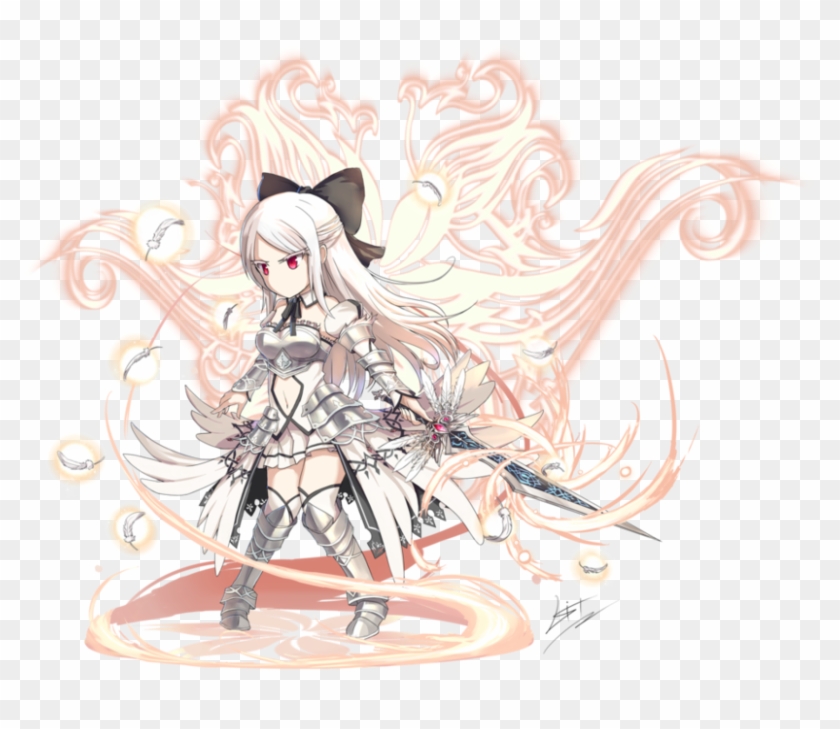 A white-haired anime girl in ornate silver armor wields a glowing sword amid swirling ethereal energy and feather motifs.