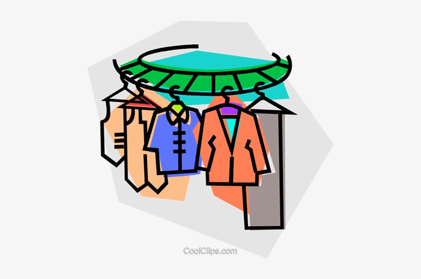 Colorful clothing items hanging on a circular rack with green canopy.