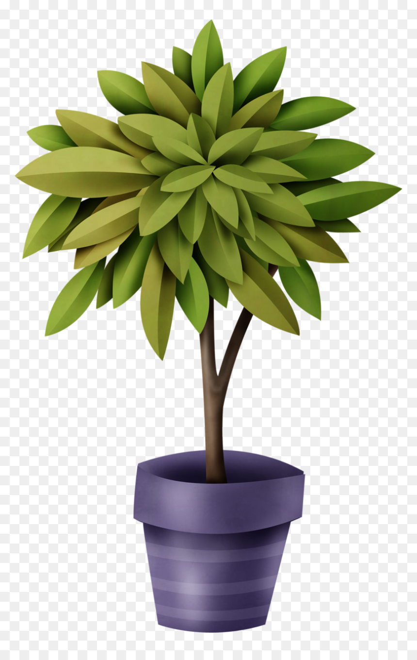 Stylized potted plant with lush green leaves in a purple striped pot, paper-cut aesthetic on transparent background.