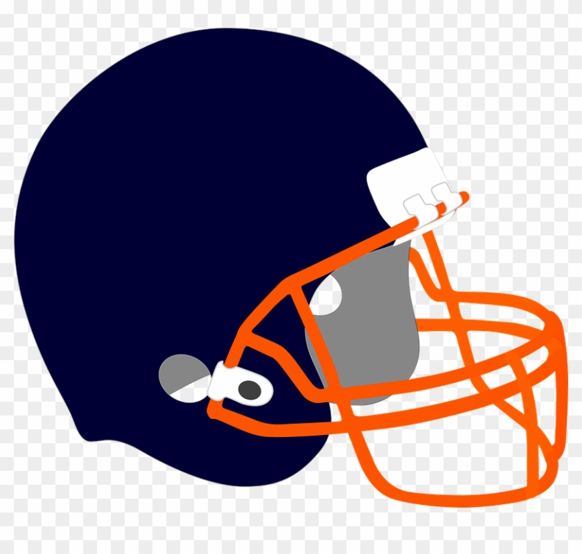 Navy blue football helmet with orange faceguard and white chinstrap, side view on transparent background.