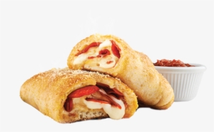 Golden-brown pepperoni and cheese stuffed bread, sliced open with marinara dipping sauce on the side.