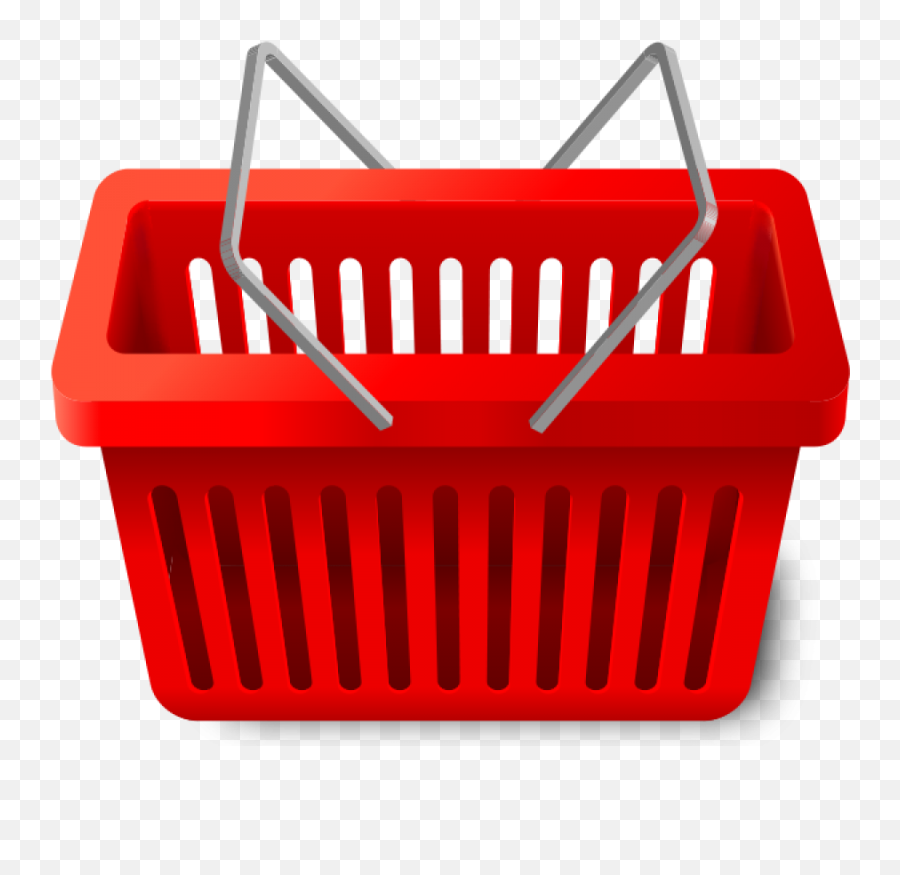 Red plastic shopping basket with silver metal handles on transparent background.