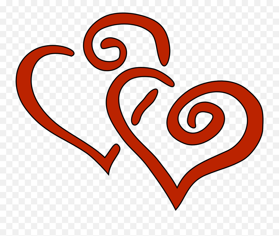 Two stylized red hearts with ornate swirls and flourishes on a transparent background.