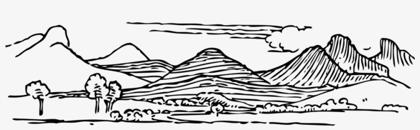 Black-and-white line drawing of layered mountains, rolling hills, trees, and clouds in a serene landscape.