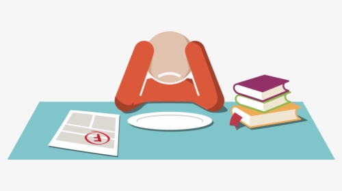 A frustrated person with head in hands at a table with books, a graded paper, and an empty plate.