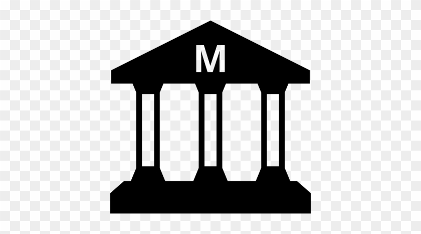 Black silhouette of a classical building with columns and an "M" on the pediment, representing a museum or institution.