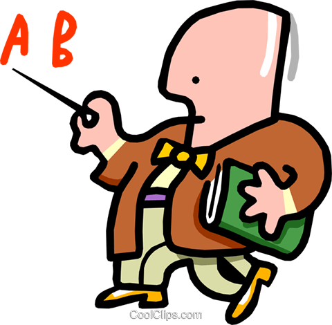 Cartoon teacher pointing to letters A and B with a pointer, holding a book and wearing a bowtie.