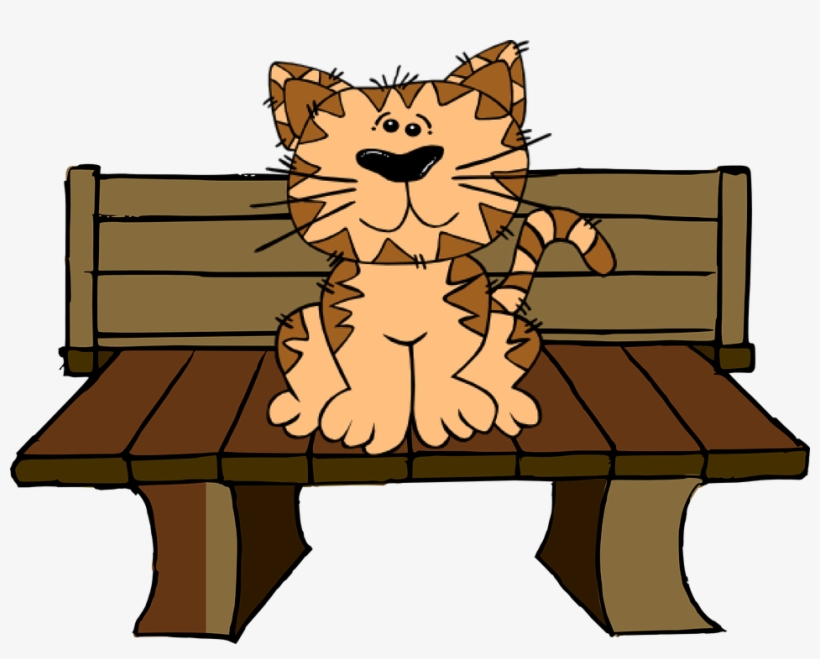 A cheerful orange tabby cat with striped fur sits upright on a wooden park bench, smiling warmly.