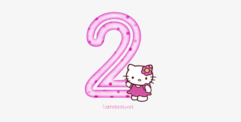 Hello Kitty standing beside a large pink polka-dotted number 2, wearing a pink dress and flower headband.
