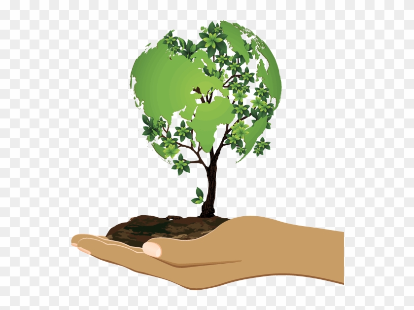 A hand cradling a small tree whose canopy forms a green Earth globe, symbolizing environmental care and sustainability.