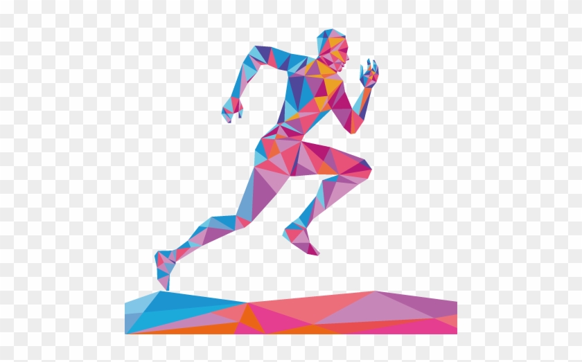Geometric polygonal runner in vibrant colors mid-stride on a stylized track platform.
