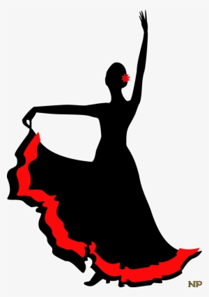 Silhouette of a flamenco dancer in black dress with red ruffles and flower, arm raised dramatically.