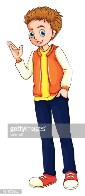 Friendly cartoon boy with spiky red hair, orange vest, yellow shirt, blue jeans, and red sneakers waving hello.