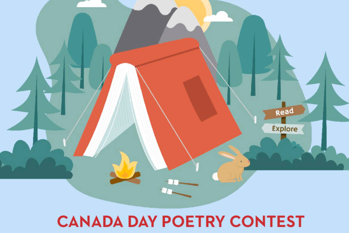 A red tent shaped like an open book in a forest campsite with a fire, marshmallows, a rabbit, and a signpost reading “Read” and “Explore”.