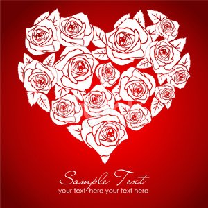 White rose bouquet shaped as a heart on red background, elegant vector illustration for romantic themes.