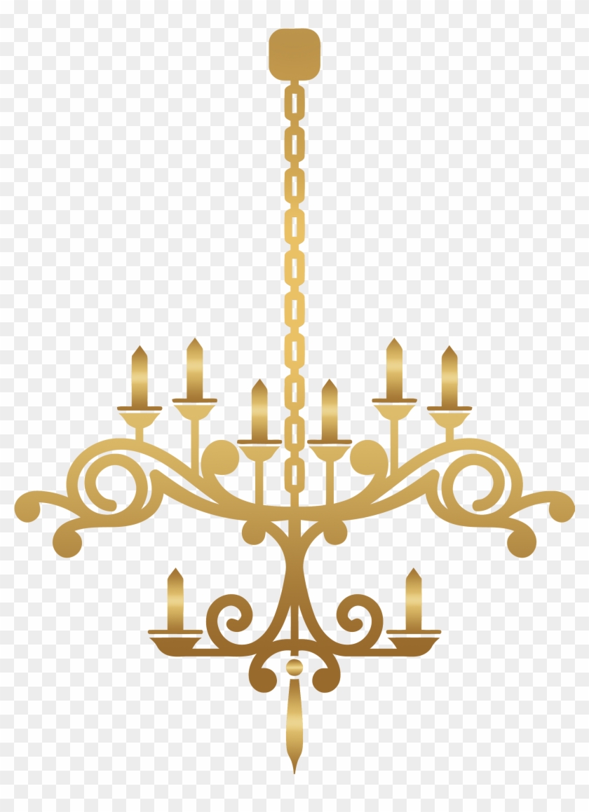 Golden ornate chandelier with eight candle-style lights and decorative scrollwork, hanging from a chain.