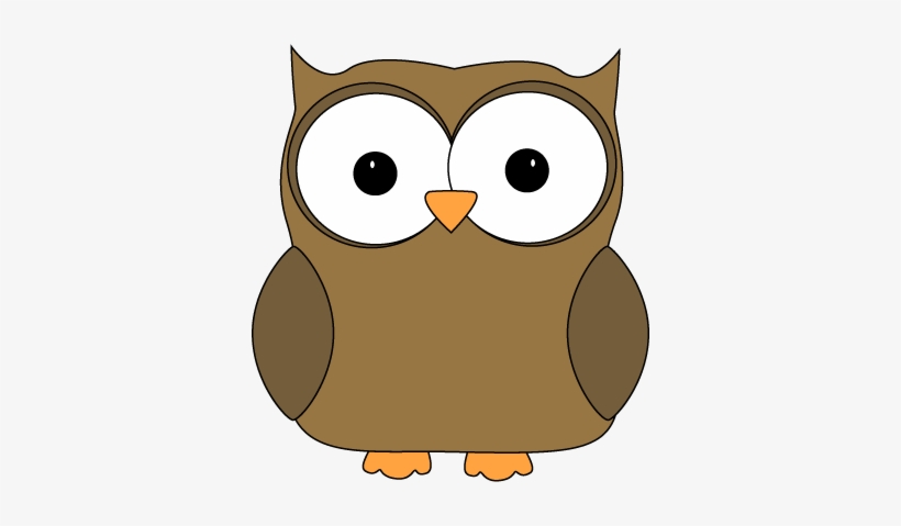 Cute cartoon brown owl with large white eyes, orange beak and feet, simple vector illustration on white background.