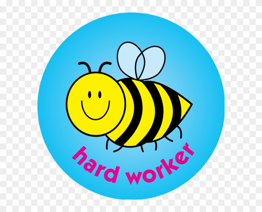 Smiling cartoon bee with yellow and black stripes inside a blue circle, labeled "hard worker" in pink text.