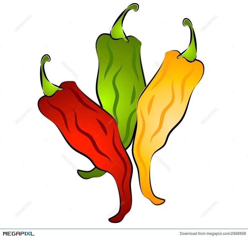 Three stylized chili peppers in red, green, and yellow with green stems on white background.