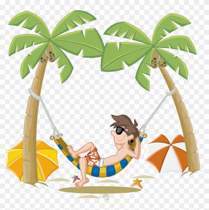 Tropical Beach Relaxation - Hammock Scene with Palm Trees & Sunbather
